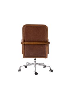 a brown office chair with wheels and casteors on an isolated white background, viewed from the front