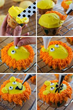 the cupcakes have been decorated to look like an orange lion head with yellow icing