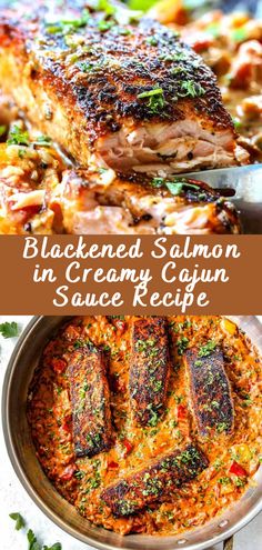 blackened salmon in creamy cajun sauce recipe with text overlay that reads blackened salmon in creamy cajun sauce recipe