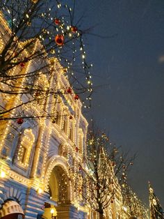 christmas lights decorate the side of a building at night