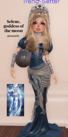 the doll is wearing a blue dress and holding a silver ball in her right hand