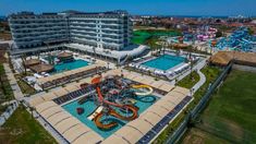 an aerial view of the water park and hotel