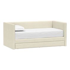 a white day bed with a pull out trundle on the bottom and side