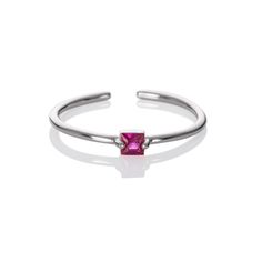 Features * Dainty open ring with a single square pink Cubic Zirconia. Stylishly elegant with 2 delicate claws holding the stone from the sides, these cute rings can be adjusted to be worn on any finger and can be stacked with other rings from this collection * Adjustable rings for women with a small 3 mm square pink cubic zirconia stone * Open silver ring made from Rhodium plated brass * Adjustable rings for women and teenage girls. Hypoallergenic, nickel-free, and lead-free high-quality fashion