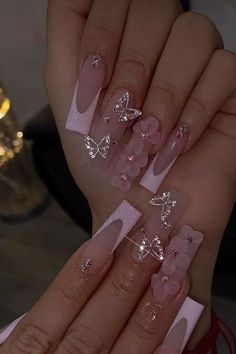 Pink French Tip With Butterflies, Pink French Tip Nails With Butterflies, Nail Ideas 3d Flowers Pink, 3d Flower And Butterfly Nails, Quince Nails Flowers, Pink French Tip Nails With 3d Flower, Acrylic Nail Butterfly Designs, Nail Inspo With Butterflies, Quinceanera Nails Butterfly