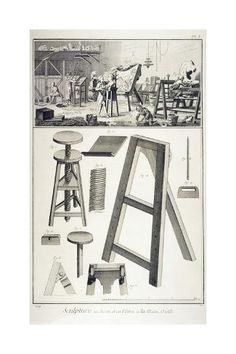 an antique print shows various furniture and tools