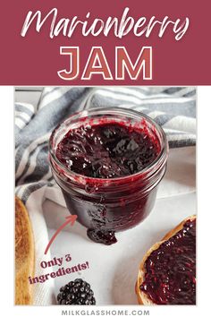 blackberry jam in a jar with text overlay