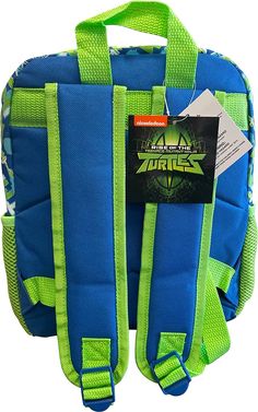 the back of a blue and green backpack