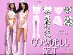 two women in cowgirl outfits standing next to each other with the words cowbell set on them