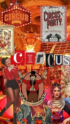 collage of circus, circus sign, circus poster, circus girl and circus clowns