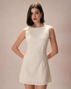 The Beige Boat Neck Textured Mini Dress & Reviews - Beige - Dresses | RIHOAS Beige Dress, High Waist Dress, Beige Dresses, Boat Neckline, Sleeveless Mini Dress, Types Of Dresses, Textured Fabric, Dress Sleeveless, Hip Length