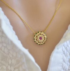 This 14k gold pendant features a fine jewelry necklace. I consider this 14k gold necklace as the pinnacle of my collection. The pendant is all handmade, hand carved down to the finest details #necklace #gemstones #finejewelry #malkaravinajewelry Ruby Pendant Indian, Fine Jewelry Necklace, Gold Necklace Pendant, Necklace Ruby