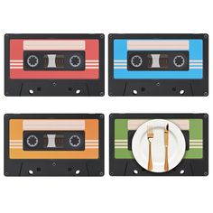 four cassette tape coasters with forks and knives on them, each decorated in different colors