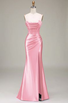 Spaghetti Strap Bridesmaid Dress For Prom Season, Banquet Gown With Spaghetti Straps And Fitted Bodice, Spaghetti Strap Evening Dress With Sweep Train For Banquet, Elegant Corset Dress With Sweep Train For Prom, Fitted Bodice Spaghetti Strap Bridesmaid Dress For Prom, Spaghetti Strap Gown For Prom Season Banquet, Formal Spaghetti Strap Evening Dress For Prom, Spaghetti Strap Evening Dress With Sweep Train For Party, Strapless Satin Bridesmaid Dress For Formal Occasions