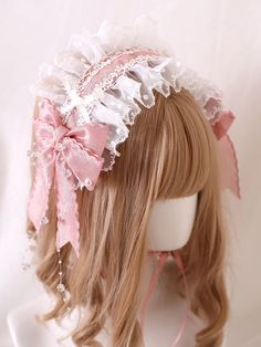 Elevate your kawaii look with our bead details pink bowknots sweet lace hairband. This adorable hair accessory features delicate lace, charming pink bowknots, and intricate bead details. It's the perfect addition to any Lolita or Kawaii outfit, adding a touch of sweetness to your ensemble.  Please note that this product includes only one hairband. Pink Head Piece, Cute Pastel Accessories, Pastel Pink Accessories, Princess Hair Accessories, Candy Hair Accessories, Kawaii Accessories Hair, Cute Pink Bow Headband As Gift, Cute White Headband With Pink Bow, Cute White Hair Accessories With Pink Bow