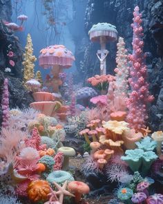 an underwater scene with corals and sea creatures