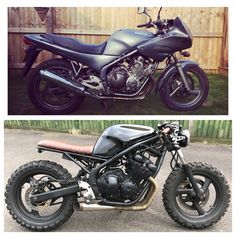 two motorcycles side by side in front of a wooden fence