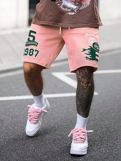 Pink Casual Collar  Fabric Letter Track Shorts Embellished Slight Stretch  Men Clothing Pink Shorts Outfits Men, Shorts Outfits Men, Pink Shorts Outfits, Rose Bonbon, Fabric Letters, Mens Fashion Streetwear, Track Shorts, Pink Shorts