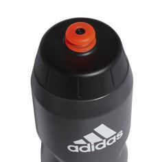 the adidas water bottle is black with an orange cap on it's lid