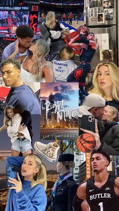 the collage shows many different people in sports outfits, including basketball players and fans