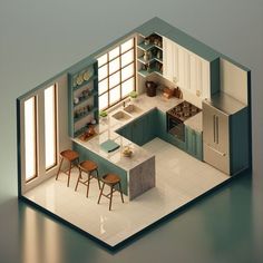 an open kitchen and dining area in a cut out house model with furniture on the floor