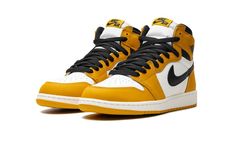 The Air Jordan 1 High OG GS “Yellow Ochre” is the youth sizing of Michael Jordan’s original signature shoe with yellow details.  This appealing look for the classic basketball and lifestyle sneaker features a white leather base with an earth tone shade of Yellow Ochre nubuck across the upper.  The design also includes black leather for the side Swooshes and collar paneling.  A Yellow Ochre “Nike Air” tongue tag pops against the white nylon tongue.  A Sail rubber midsole and Yellow Ochre rubber outsole complete the look.  Release date: January 13, 2024 Yellow Custom Sneakers With Gum Sole For Sports, Yellow High-top Custom Sneakers With Gum Sole, Mustard Custom Sneakers For Streetwear, Sporty Mustard Custom Sneakers For Streetwear, Mustard High-top Sneakers For Streetwear, Casual Sneakers With Yellow Stitching For Streetwear, Mustard Custom Sneakers For Sports With Round Toe, Yellow Custom Sneakers For Sports, Mustard Custom Sneakers For Sports