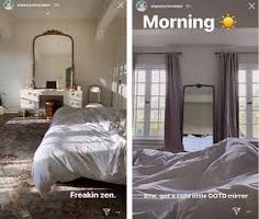 two pictures side by side one shows a bedroom and the other shows a bed with white sheets