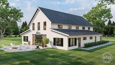 this is an artist's rendering of a modern farmhouse style home in the country