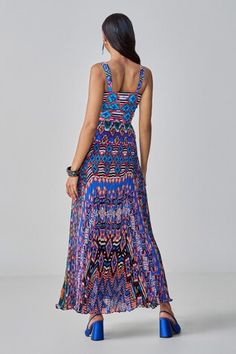 Blue and multicolored maxi dress with ikat inspired print and micro pleating details. - Aza Fashions Bohemian Multicolor Ikat Print Dress, Saaksha And Kinni Dress, Spring V-neck Ikat Print Dress, Ikat Print V-neck Vacation Dress, Spring Ikat Print V-neck Dress, Maxi Dress For Women, Ikat Print, Satin Color, Blue Satin