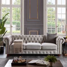 a living room filled with lots of furniture next to large windows and potted plants