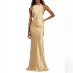 Ronny Kobo Collection | Dresses | Ronny Kobo Gown Nwt | Poshmark Champagne Sleeveless Gown For Formal Occasions, Elegant Gold Halter Neck Evening Dress, Elegant Halter Neck Evening Slip Dress, Glamorous Sleeveless Bias-cut Evening Dress, Glamorous Sleeveless Bias Cut Evening Dress, Silk Evening Dress With Back Opening, Chic Champagne Sleeveless Evening Dress, Silk Sleeveless Evening Dress With Back Opening, Elegant Gold Slip Dress For Gala