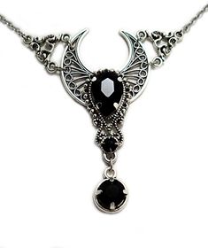 "This is a new handmade necklace. It is made with antiqued silver plated filigrees, accented with high quality JET BLACK glass rhinestones. Decorated portion is 2 3/8\" wide and 2 1/2\" tall in the center. Necklace is adjustable 15-18\" with a lobster clasp and chain extender. If you would like a different length, please send us a message. Matching headpiece and earrings are listed in our store." Black Engraved Jewelry For Festivals, Black Engraved Jewelry For Festival, Black Crescent Jewelry For Festival, Black Adjustable Mystical Necklace, Black Mystical Choker Necklace, Black Gothic Necklace With Soldered Details, Black Adjustable Gothic Necklace, Silver Onyx Gothic Necklace, Antique Silver Necklace