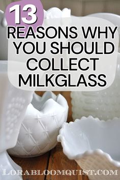 Vintage milk glass vessels are the perfect collection to start for beautiful home decor. Jar Collection Display Ideas, Glass Basket Decor Ideas, Milk Glass Collection Display, White Milk Glass Vases Vintage, Kitchen Table Lamp Ideas, Milk Glass Vases Decor, Milk Glass Decorating Ideas, Small Vase Decorating Ideas, Decorating With Milk Glass Ideas