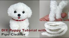 there is a white dog made out of toilet paper with the words diy puppy tutorial with pipe cleaner