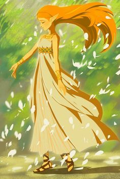 a woman in a white dress is walking through the grass with her hair blowing in the wind