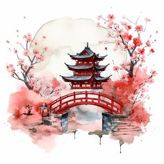 a watercolor painting of a red bridge and pagoda