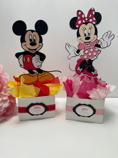 two mickey and minnie mouse treat boxes with tissue pom poms in them on a table