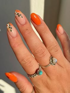 burnt orange almond nails with flower designs Burnt Orange Nails, Orange Acrylic Nails, Orange Nail Designs, Orange Nail, Her Nails, Short Acrylic Nails Designs, Orange Nails, Prom Nails, Floral Nails