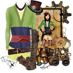 an image of a woman in steampunk clothing and boots with accessories around her