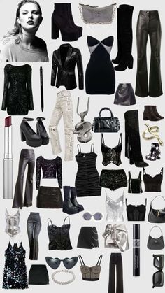 black and white fashion collage with lots of clothes