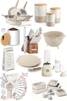 a collection of kitchen utensils and accessories