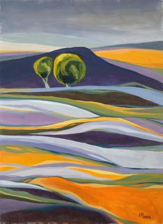 Trees on the Lavender Field original contemporary gift idea modern oil painting on paper, colorful landscape  abstract wall art