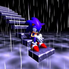 sonic the hedgehog is sitting on top of stairs in the middle of the water