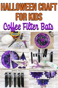 halloween crafts for kids with coffee filter bats and other crafting supplies on a wooden table