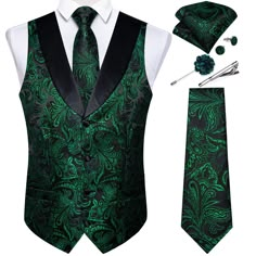 a green vest and tie with matching accessories