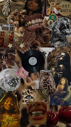 a collage of various pictures with an animal, woman and other things in the background