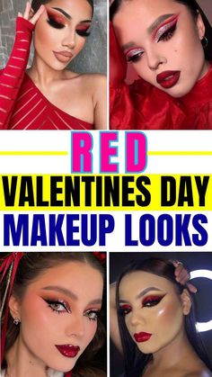 Red Eyes Makeup Looks, Red Valentine’s Day Makeup, Eyeshadow Looks Valentines Day, Red Eye Makeup Hooded Eyes, Glam Red Makeup, Red Valentines Day Makeup, Red And White Makeup Looks, Prom Makeup Looks Natural, Makeup Yellow Dress