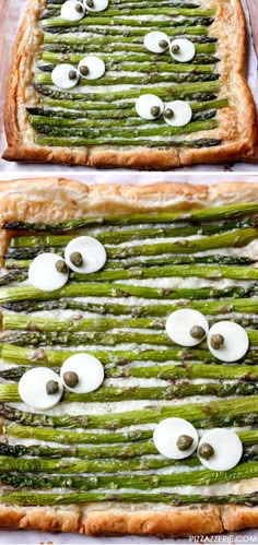 asparagus and mushroom tart on a baking sheet with white cheese in the middle