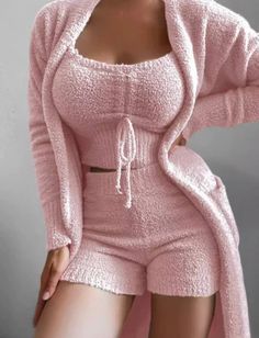 Ladies 3 piece fluffy sets, which includes shorts, a crop top and long cardigan Sizes S-3XL  Available in white or pink Cardigan Outfit Casual, Long Cardigan Outfit, Pink Loungewear, Vest Crop Top, Short Loungewear, Cute Crop Tops, Fashion Elegant, Color Fashion, Long Crop Top