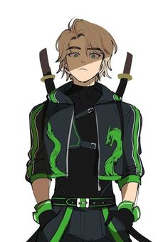 an anime character wearing black and green clothes with two swords in his hand, while he is